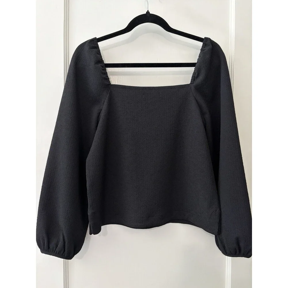 Madewell EUC Black Top Blouse XS Square Neck Puff Sleeve Romantic Feminine